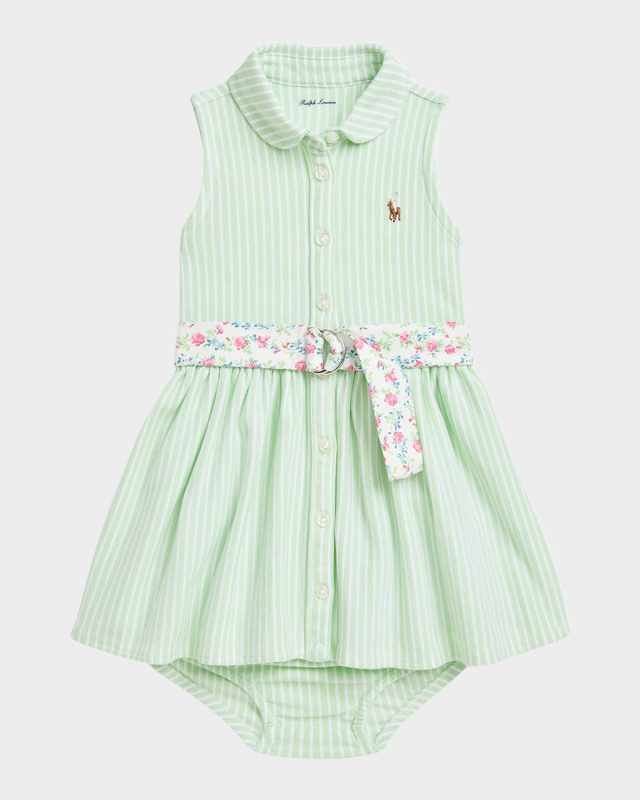 Girl's Striped Shirtdress W/ Floral-Print Belt, Size 3M-24
